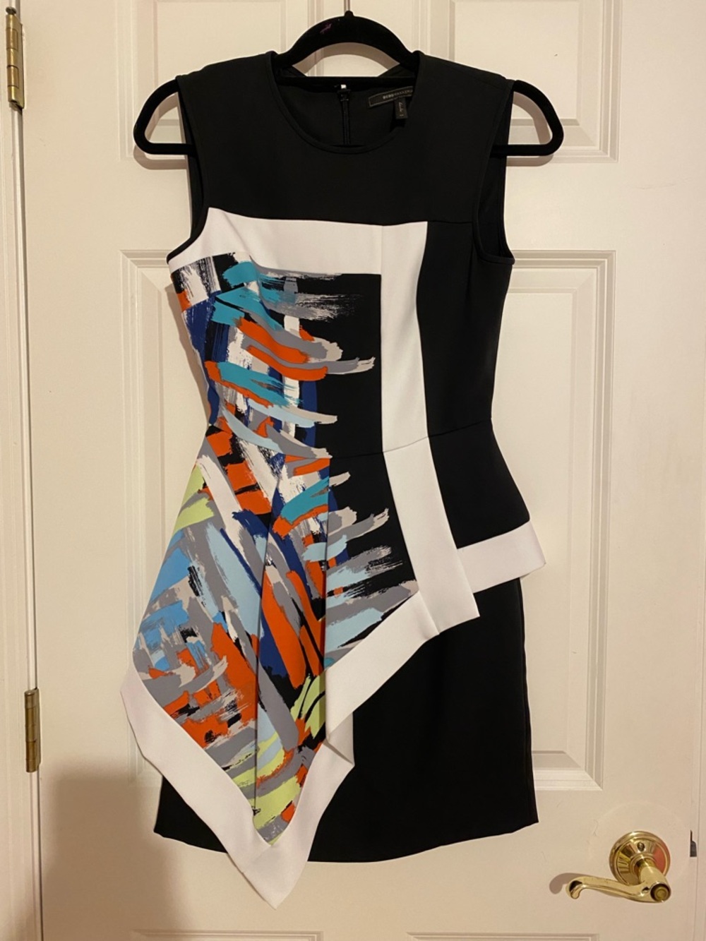BCBGMAXAZRIA abstract colorblock asymmetrical cocktail dress, size 2